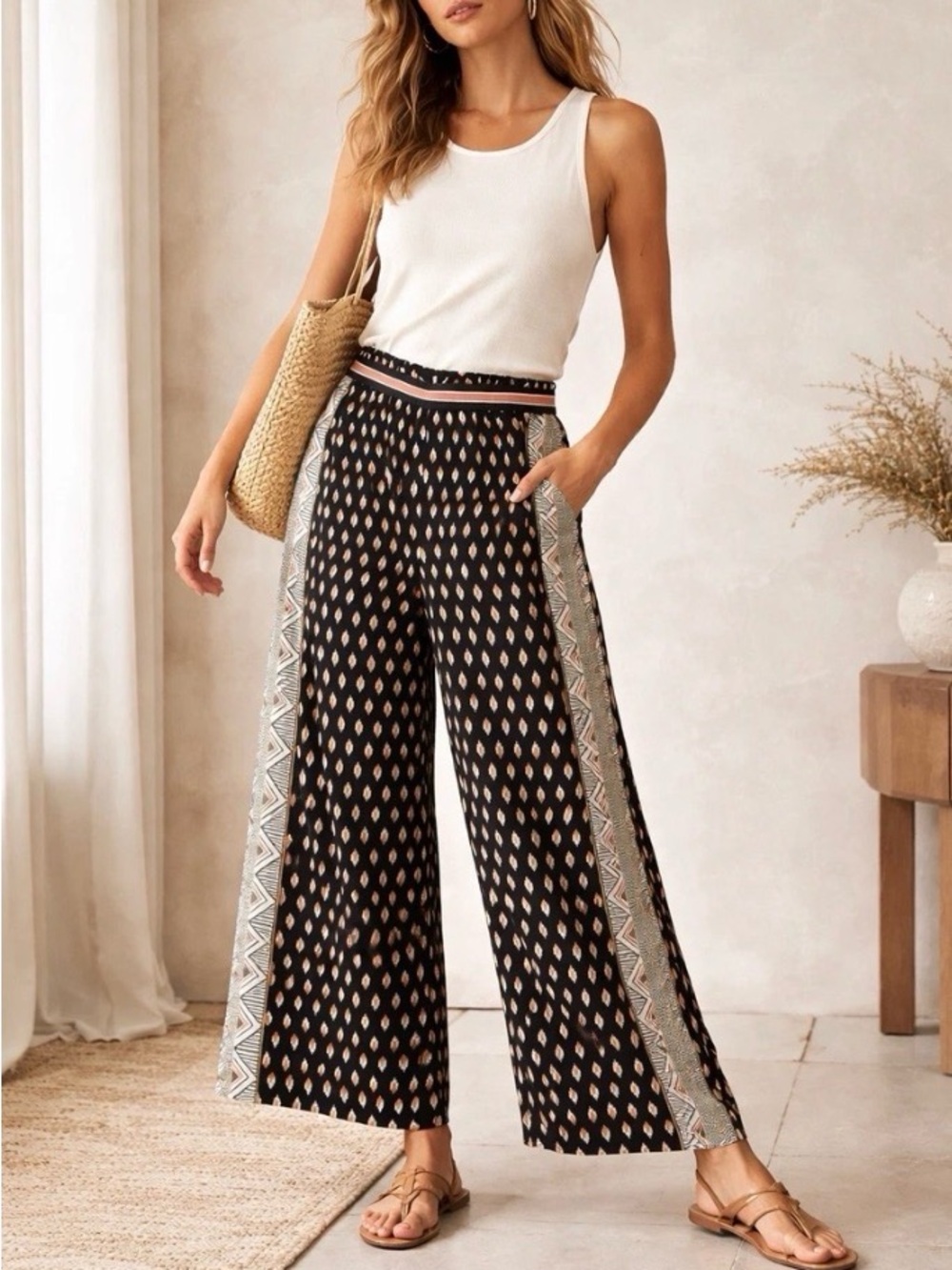 Anthropologie Black & Cream Wide-Leg Printed Pants